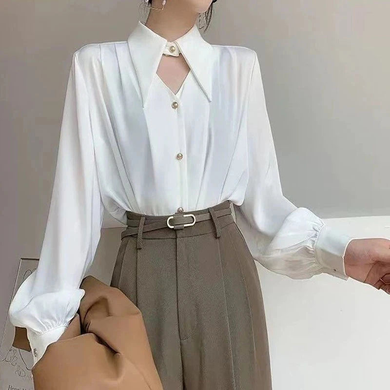 Aiertu Elegant Chic Shirts Women Turn Down Collar Long Sleeve Hollow Out Blouse Office Lady Spring Korean Ol Solid Button Tops Aiertu
