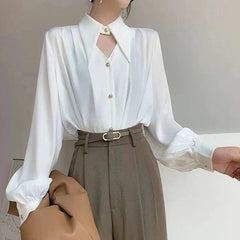 Aiertu Elegant Chic Shirts Women Turn Down Collar Long Sleeve Hollow Out Blouse Office Lady Spring Korean Ol Solid Button Tops Aiertu