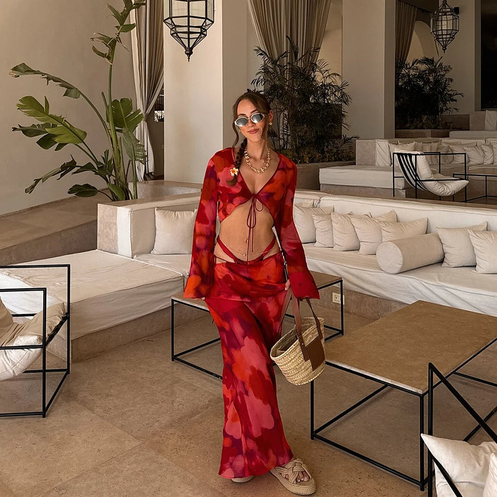 Aiertu  -  4 Pieces Bikini Set Push Up Bikini Sexy Women Swimsuit Maxi Dress Female Swimwear Print Bathing Suit Beachwear Cover Ups Aiertu
