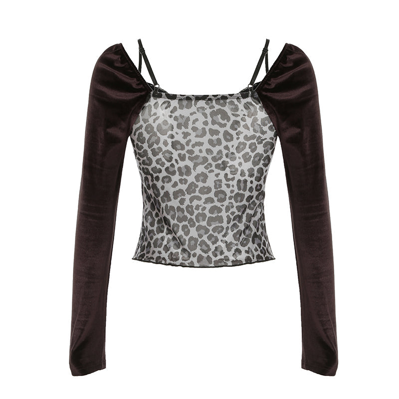 Aiertu - summer inspo Y2k Retro Leopard Lace Trim V-Neck Blouses Women Velvet Long Sleeve Chic T-Shirt Trendy Clothes Autumn New Aiertu