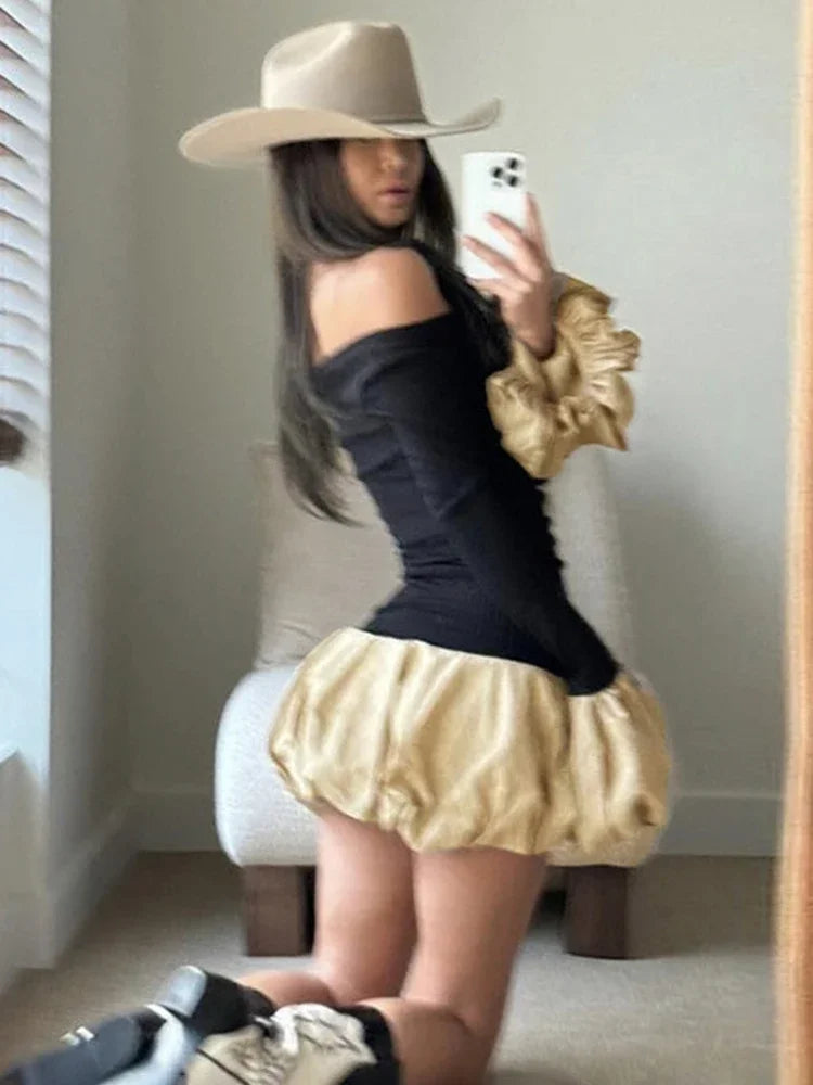Aiertu      -   Contrast Color Slim Ball Gown Dress Female Long Sleeve Patchwork Elegant Mini Dress Sexy Hot Girl Party Club Clothing New Aiertu