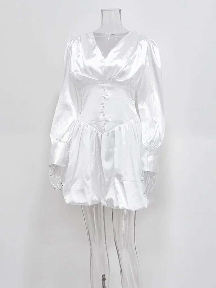 Aiertu  -   Elegant White Sexy V Neck Mini Dress Female Lantern Long Sleeve Retro Casual Ball Gown Dresses High Waist Fashion Aiertu