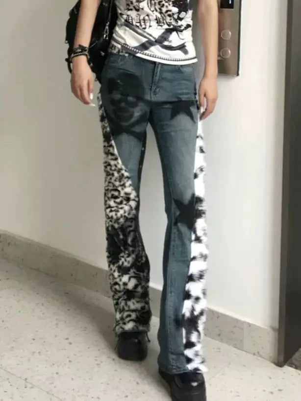 Aiertu  -  High Street Retro Large Size Washed Skull Leopard Print Straight Jeans y2k Winter New Style Hot Girl Slim Low Waist Flare Pants Aiertu