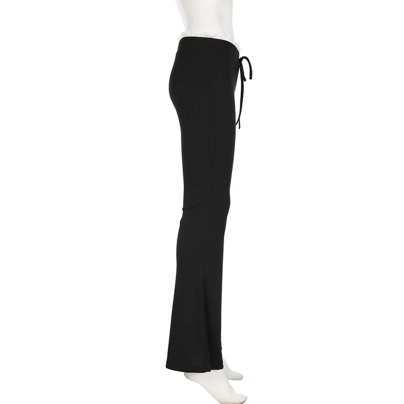 Aiertu  -  Black Knit Flared Leggings Women Kawaii Ruched Patchwork Low Rise Skinny Casual Pants for Summer Streetwear y2k Trousers Aiertu