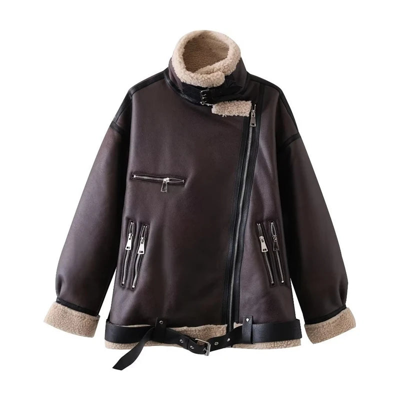 Aiertu  -  Women Faux Lamb Fur Leather Short Jacket Lapel Zipper Bomber Outwear Faux Suede Lapel Coat Warm Biker Motor Aviator Coat Aiertu