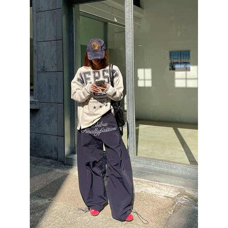 Aiertu  90s American Retro Trend Printed Letters Overalls Women Loose Fold High Street Korean Casual Sports Couple Wide leg Pants Unisex Aiertu