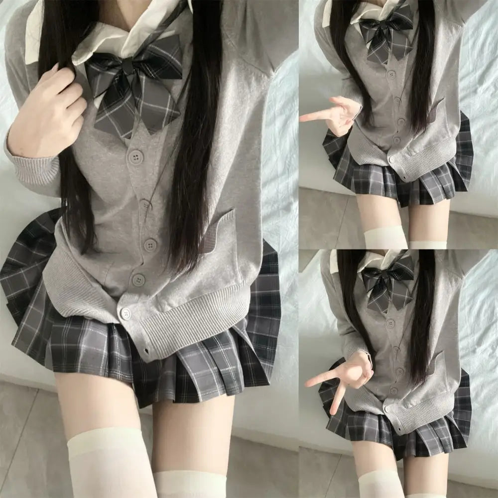 Aiertu 3Pc Set Japanese Korean School Uniforms Multicolor Sweater&Plaid Pleat Skirt with Bow Jk Uniform Suit Graduation Costumes Women Aiertu