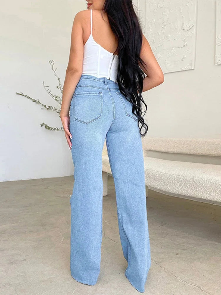 Aiertu  -  Women's Denim Pants 2026 Summer Fashion High Waisted Handmade Frayed Edge Wide Leg Pants Streetwear Ripped Baggy Jeans Aiertu
