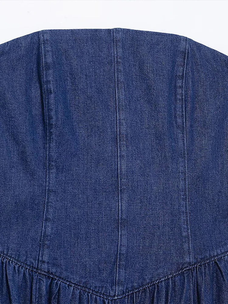 Aiertu  -  Strapless Denim Long Dress Sexy Backless Waist Cinched Cowboy Pleated Dresses Off Shoulder Street Trends Robes Women's Clothing Aiertu