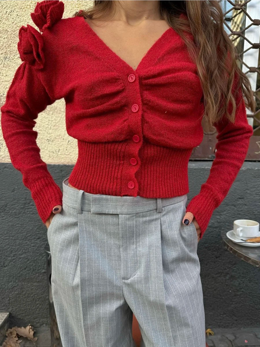 Aiertu  -  New Red Flower Decor Knitted Cardigan Women 2025 Spring Long Sleeve V Neck Sweaters Streetwear Elegant Fashion Thin Jumper Femme Aiertu