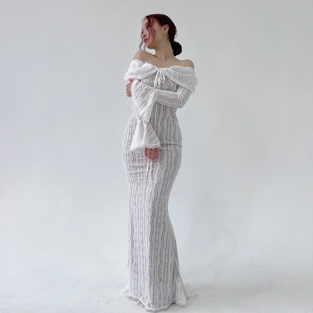 Aiertu  Autumn Long Sleeve Off The Shoulder Bodycon Dress New Mermaid Wedding Guest Party Dresses for Women White Dress Aiertu