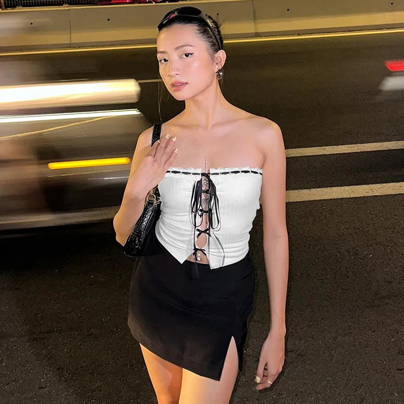 Aiertu  -  Pure desire wind contrasting color tube top hollow strap strap sleeveless tube top women's spring and summer Aiertu
