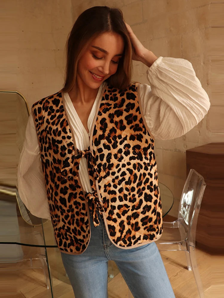Aiertu  -  Women Leopard Print Bow Lace Up Waistcoat Loose V-neck Sleeveless Hollow Out Vests 2026 Autumn New Lady Panther Streetwear Aiertu