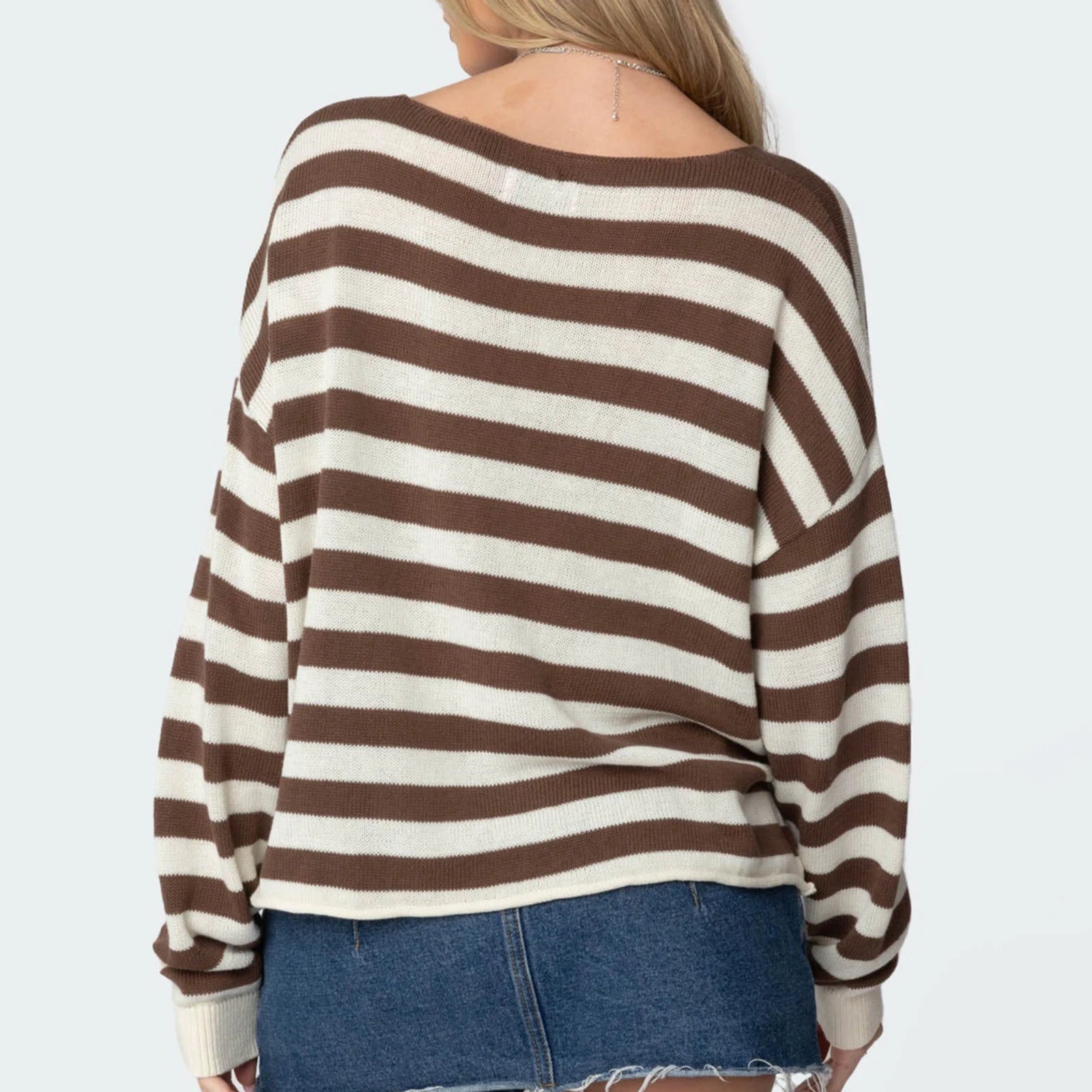 Aiertu  -  Womens Striped Loose Knit Sweater Fall Fashion Round Neck Long Sleeve Drop Shoulder Pullovers Casual Knitwear Aiertu