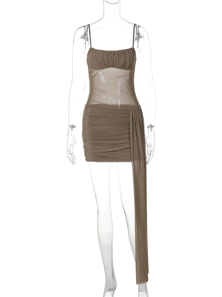 Aiertu  -  Mesh See-Through Patchwork Dress Female Pleated Square Collar Summer Backless Halter Dresses For Women Summer Dress 2025 Aiertu