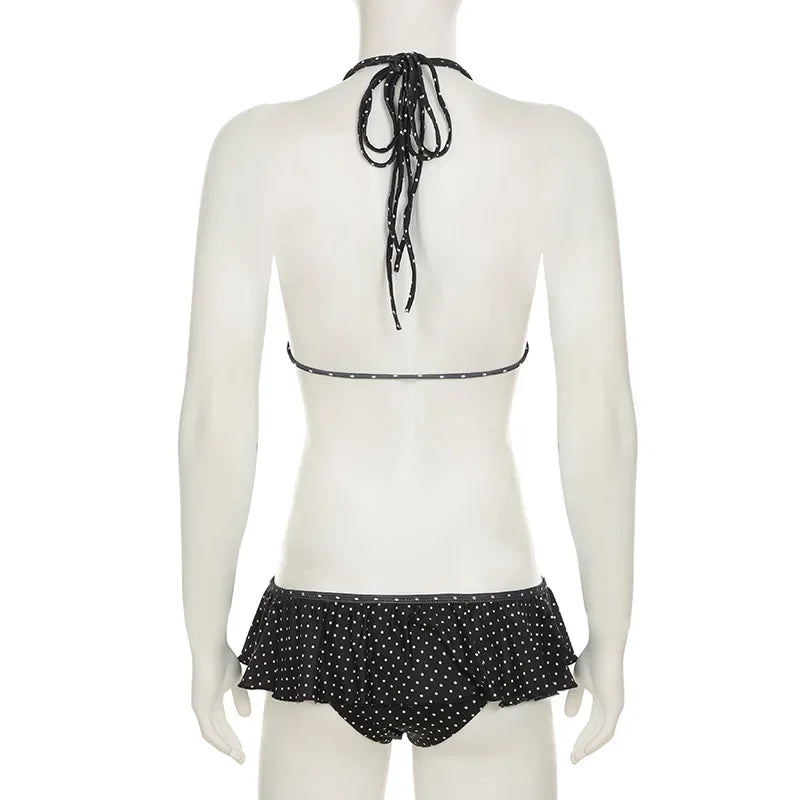 Aiertu  -  Summer Vacation Beach 2 Piece Set Women Sexy Polka Dots Print Lace Up Halter Bra + Ruffles Micro Mini Skirts Swimsuit Aiertu
