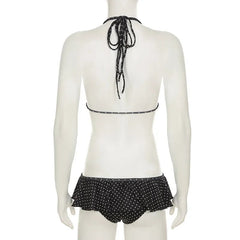 Aiertu  -  Summer Vacation Beach 2 Piece Set Women Sexy Polka Dots Print Lace Up Halter Bra + Ruffles Micro Mini Skirts Swimsuit Aiertu