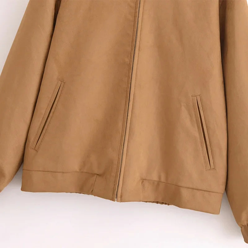 Aiertu  -  Women's Vintage Solid Jacket Loose O Neck Zipper Pocket Long Sleeve Female Coat Autumn Lady Office All-match Outwear New Aiertu