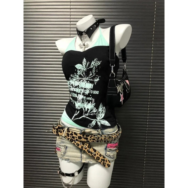 Aiertu  -  Harajuku aesthetic flower letter printing suspender design sleeveless T-shirts women cotton high-quality hip-hop versatile tops Aiertu