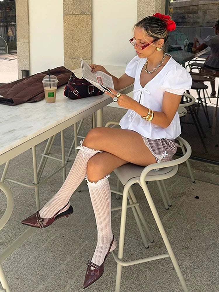 Aiertu  -  Elegant White V-neck Lace Up Shirt Women Retro Puffy Short Sleeve Waist-cinching Shirts Female 2025 Spring Chic Street Lady Tops Aiertu