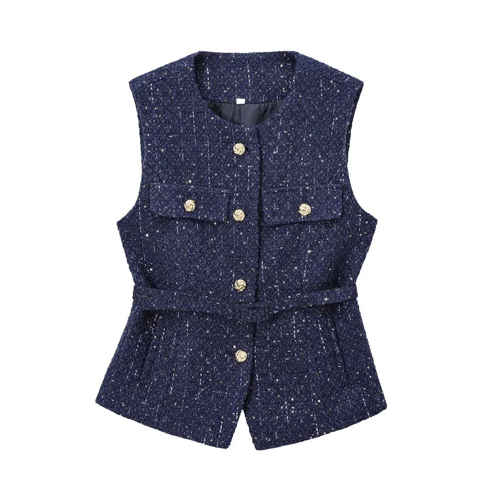 Aiertu  -  Women Blue Tweed Waistcoat With Belt Sleeveless Female Outerwear PS0138 Aiertu