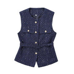 Aiertu  -  Women Blue Tweed Waistcoat With Belt Sleeveless Female Outerwear PS0138 Aiertu