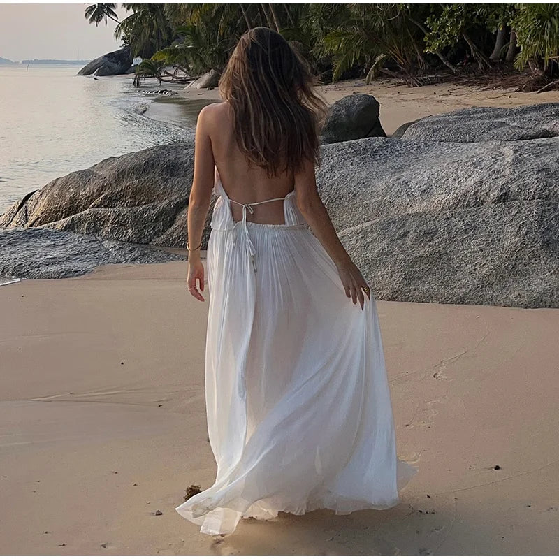 Aiertu  -  Fashion Pleated Long Skirts Set Women Sexy Sleeveless Backless Halter Tops High Waist Mermaid Skirt Vacation Beach 2 Pieces Sets Aiertu