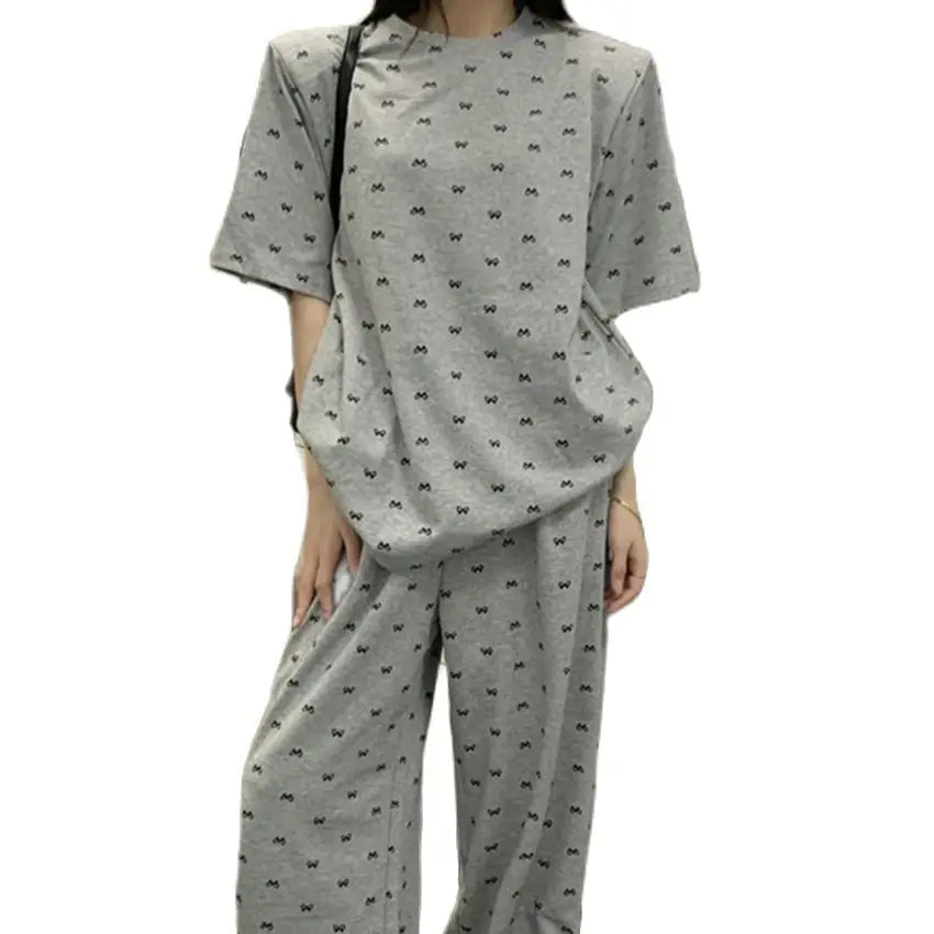 Aiertu  -  Summer Casual Suits Women Loose Printed Bow T-Shirts Daily Chic Office Lady 2026 High Street Wide Leg Pants Sets Aiertu