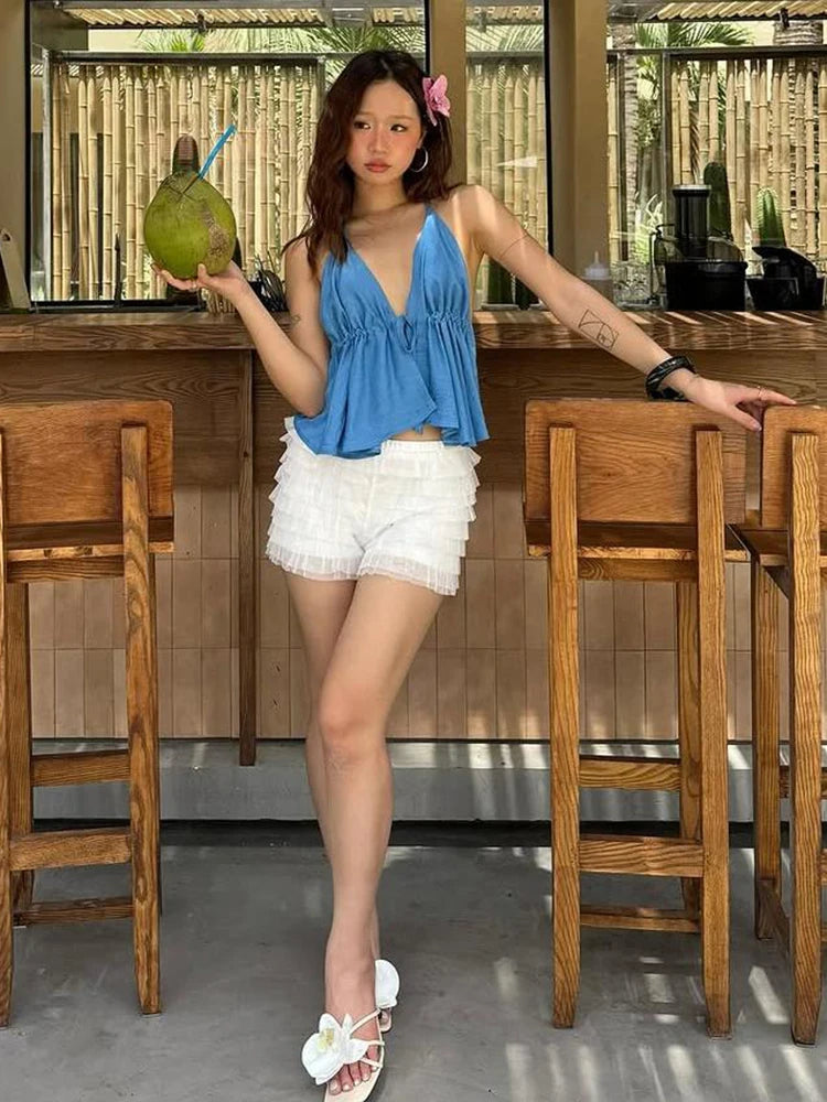 Aiertu  -  Sexy 2-Piece Set Women Vacation Beach Party Halter Backless Sleeveless Tank Top+Mesh Tierred Shorts Matching Suits Aiertu