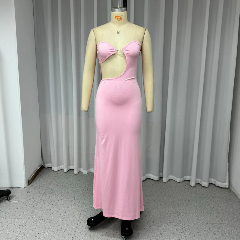 Aiertu  -  Women Maxi Dress Fashion SummerElegant Strapless Sleeveless Solid Hollow Slim Hollow Holiday Party Dresses Streetwear Aiertu