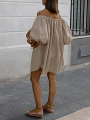 Aiertu  -  Sexy Slash Neck Off Shoulder Khaki Short Dress High Street Fashion Casual Woman Clothing Summer Puff Sleeve Solid Party Dresses Aiertu