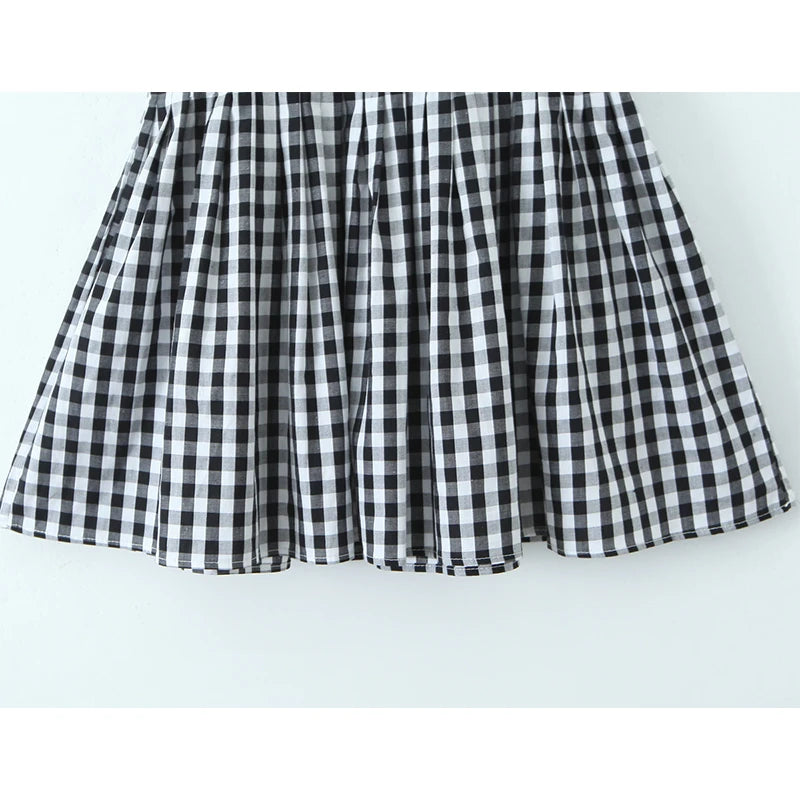 Aiertu  -  Vintage  Women Black White Plaid Dresses Short Sleeve O Neck Slim Waist A-line Mini Casual Summer Dress Aiertu