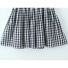 Aiertu  -  Vintage  Women Black White Plaid Dresses Short Sleeve O Neck Slim Waist A-line Mini Casual Summer Dress Aiertu