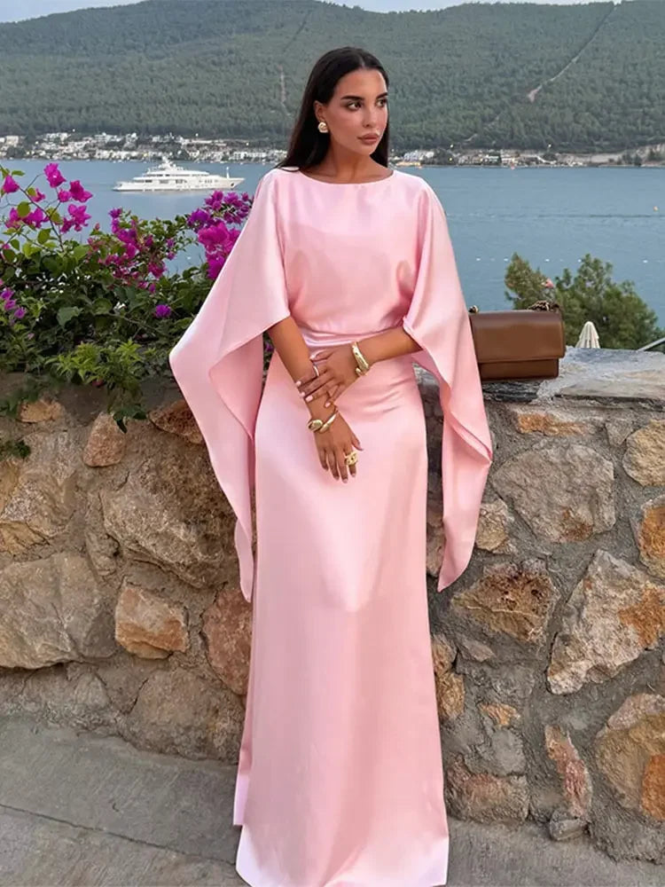 Aiertu  -  Elegant Pink Satin Half Flare Sleeved Long Dress Women Fashion O Neck Bodycon Maxi Dresses 2026 New Lady Vocation Party Robes Aiertu