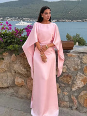 Aiertu  -  Elegant Pink Satin Half Flare Sleeved Long Dress Women Fashion O Neck Bodycon Maxi Dresses 2026 New Lady Vocation Party Robes Aiertu
