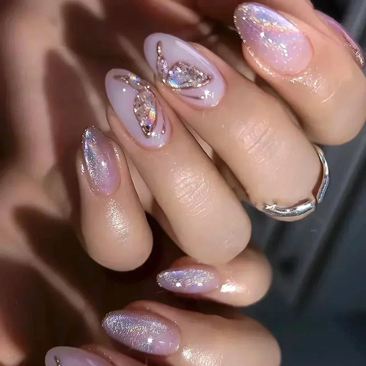 Aiertu 24Pcs Pink Almond French Press on Nails With 3D Bow ripple charms Design Fake Nails Ballerina False Nails Full Cover Nail Tips Aiertu