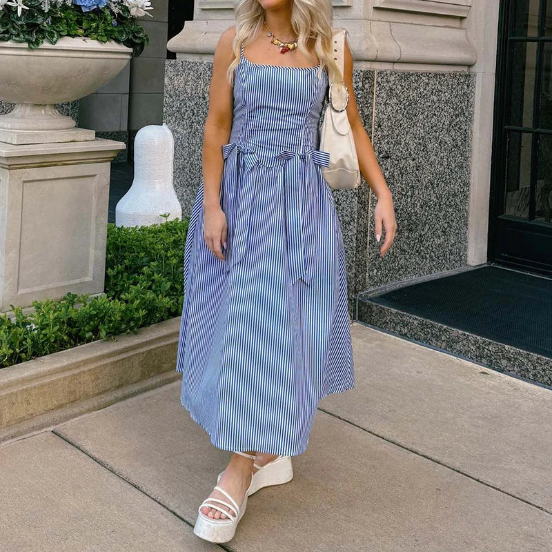 Aiertu  -  Fashion Bow Patchwork Loose Dress Sexy Hollow Sleeveless Beach Strap Dress New Summer Off Shoulder Stripe Print Long Dress Aiertu