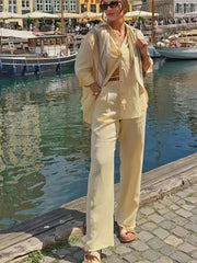 Aiertu  -  Fashion Commute Pants Set Women Lapel Full Sleeves Single Breasted Shirt High Waist Wide Leg Floor-length Pant Female Sets 2025 Aiertu