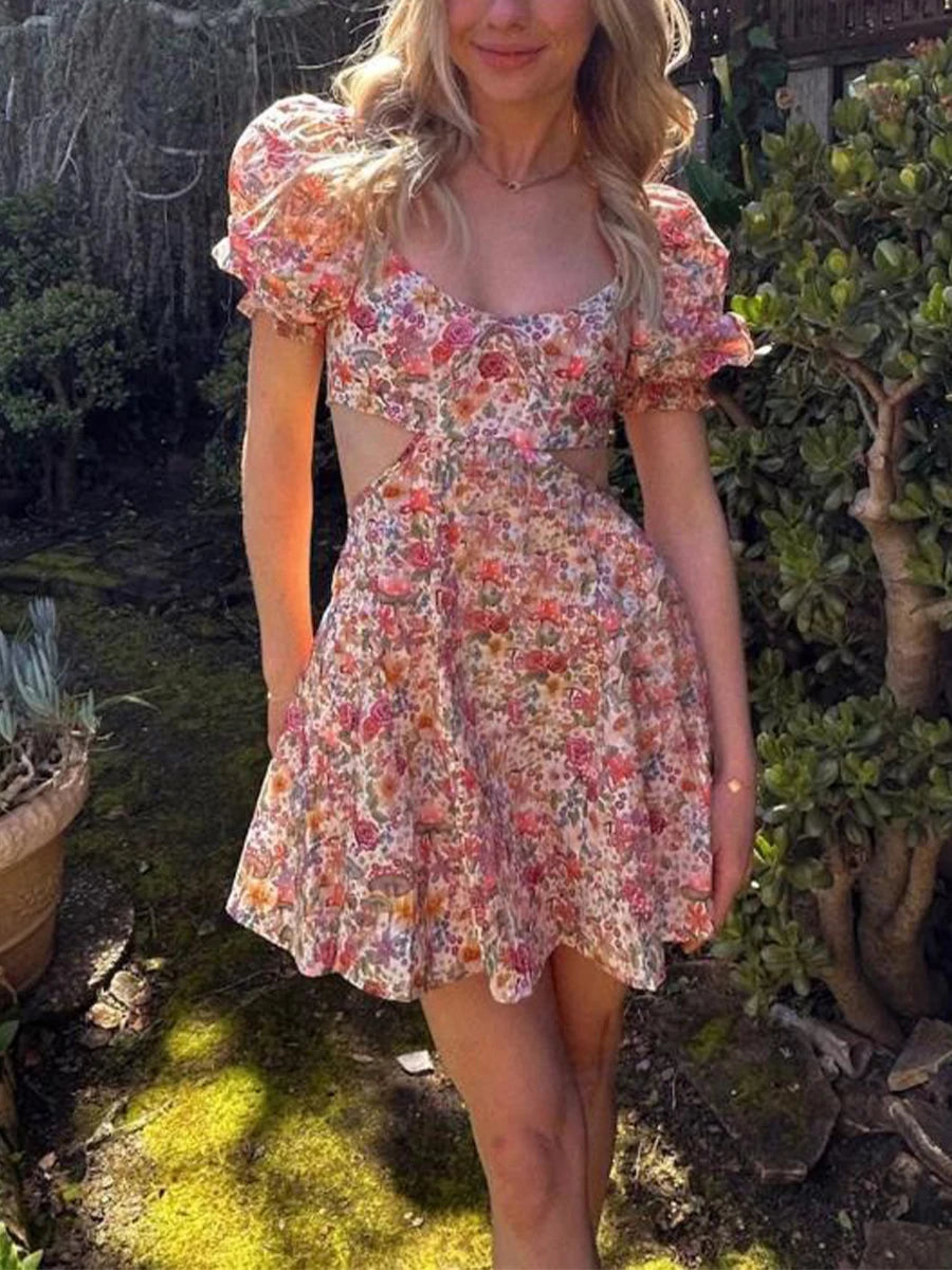 Aiertu  -  Women s Summer Floral Print Dress Short Puff  Square Neck Cutout Waist  Mini A-Line Dress Aiertu