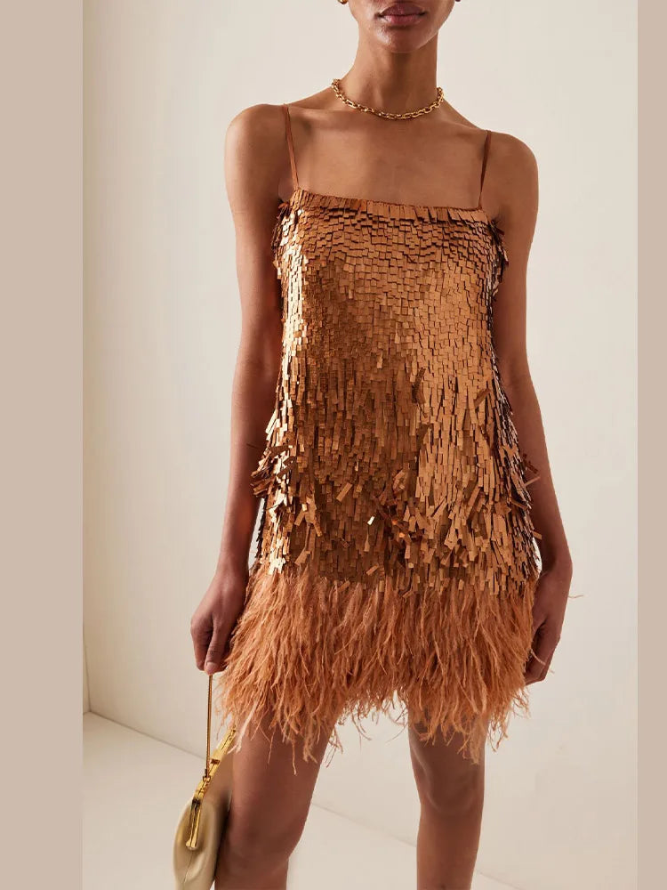 Aiertu  -  Sequin Feather Sling Dress Women A-line Slim Hip Package Sexy Mini Party Dresses 2026 Fashion Lady Elegant Club Evening Vestido Aiertu