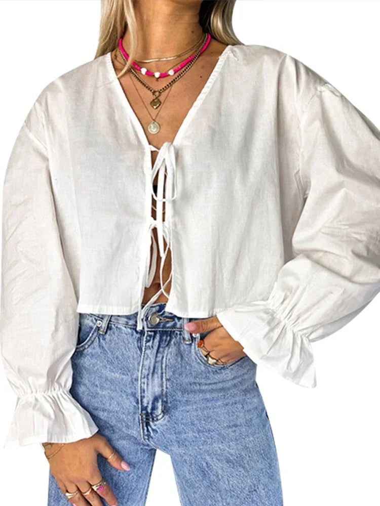 Aiertu  -  Cotton Bow Lace Up Shirt Women Elegant V-neck Hollow Out Long Lantern Sleeve Shirts 2026 Spring Summer Casual Loose Fashion Tops Aiertu