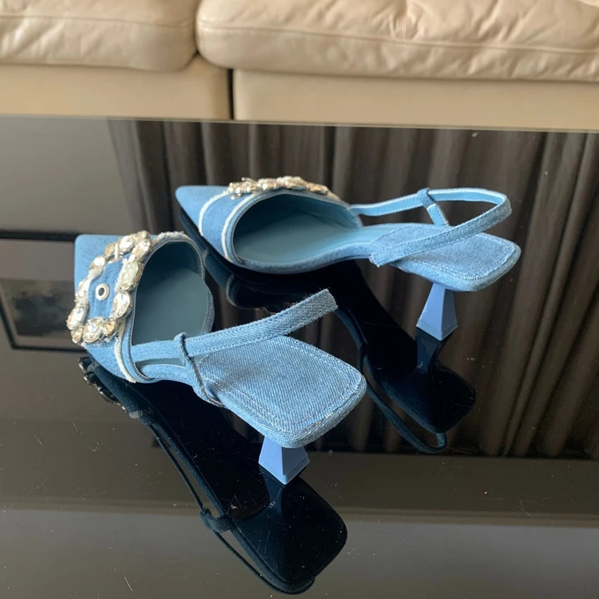 Aiertu  -  Fashion Denim Blue Rhinestone Women Pumps Wedding Bride Shoes Elegant High Heels Slingback Pointed Toe Sandals Ladies Shoes Aiertu