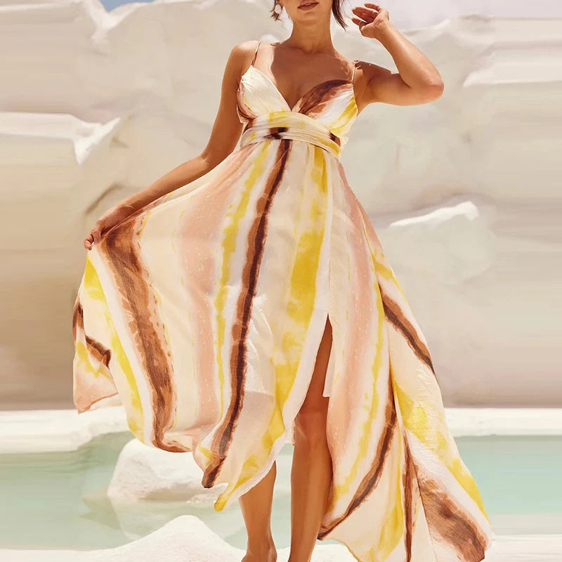 Aiertu  -  Sexy Deep V-neck Split Spaghetti Straps Dress Women Elegant Hight Waist Pleated Long Dress Fashion Pattern Printed Beach Dresses Aiertu