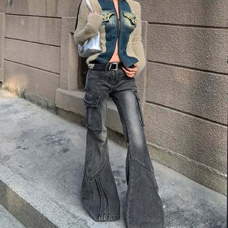 Aiertu  -  Fashion Streetwear Side Pockets Cargo Denim Pants Swxy Low Waist Punk Harajuku Women Trousers Y2k Aesthetic Flare Long Bottoms Aiertu