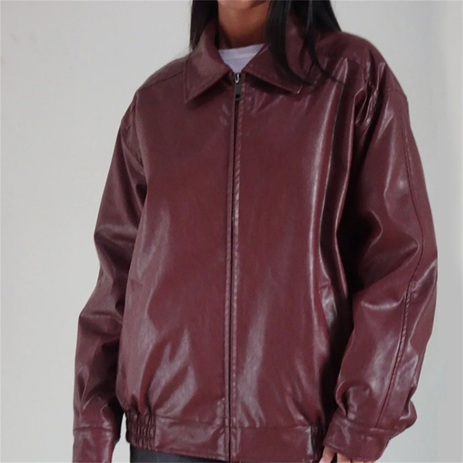 Aiertu  -  Womens Oversized Zip Up Leather Jackets Faux Motorcycle Bomber Coats Fall Fashion Outfits Winter Clothes Aiertu