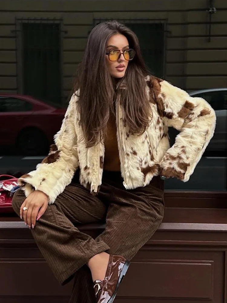 Aiertu  -  Women Autumn Casual Faux Fur Lapel Crop Jacket Fashion Cow Pattern Fuzzy Long Sleeve Coat Female Chic Zipper Outerwear Aiertu