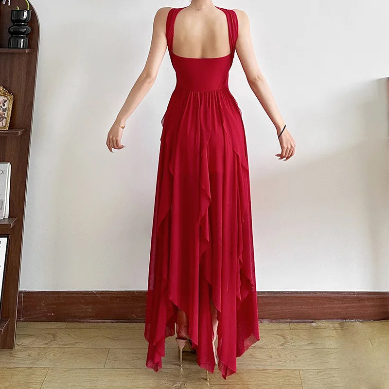 Aiertu  -  Chiffon Red Party Dresses Sexy Elagant Irregular Ruffle Sleeveless Backless Long Dresses for Women P94-FI59 Aiertu