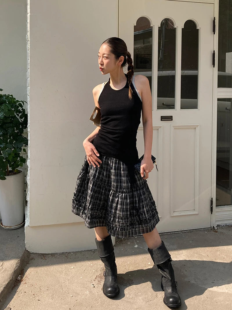 Aiertu  -  Vintage Plaid Mini Skirt Women Japanese Harajuku Ruffles Patchwork Black Skirts Summer High Waist Casual A Line Faldas New Aiertu