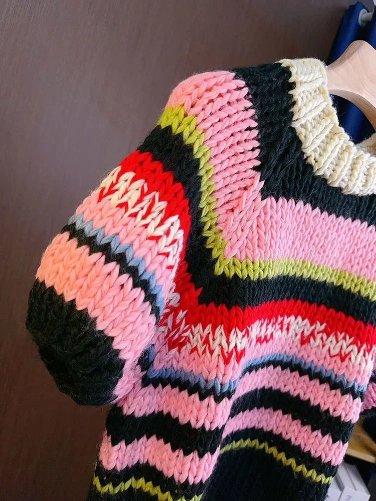 Aiertu  -  Multicolor Striped Handmade Jumper Sweet Rainbow Wool Blended Color Block Knit Tee Short Sweater Autumn/Winter Woman Knitwear Aiertu