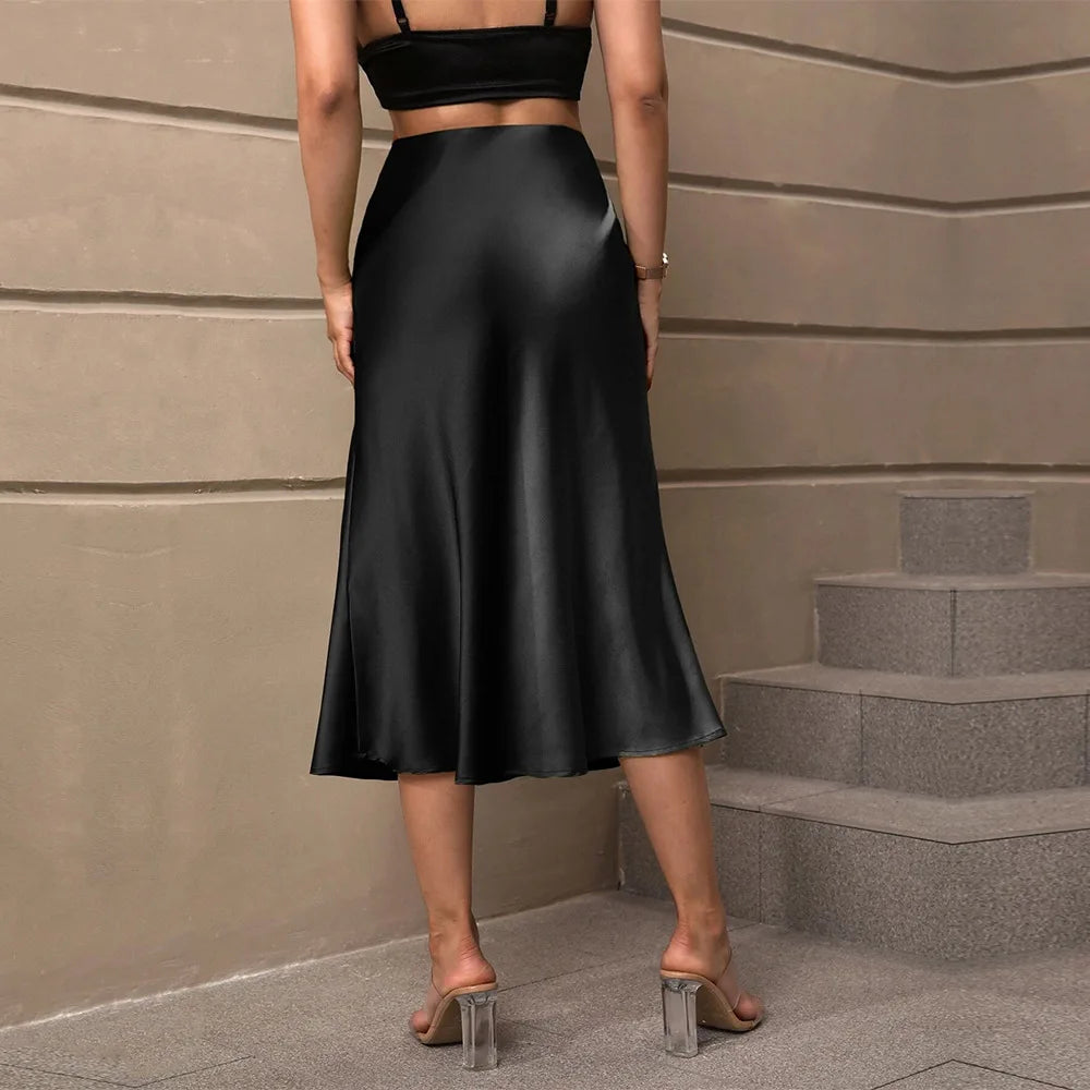 Aiertu  -  Satin Skirt High Waisted Solid Color Skirts  Flared Hem Elegant Women Outerwear Aiertu